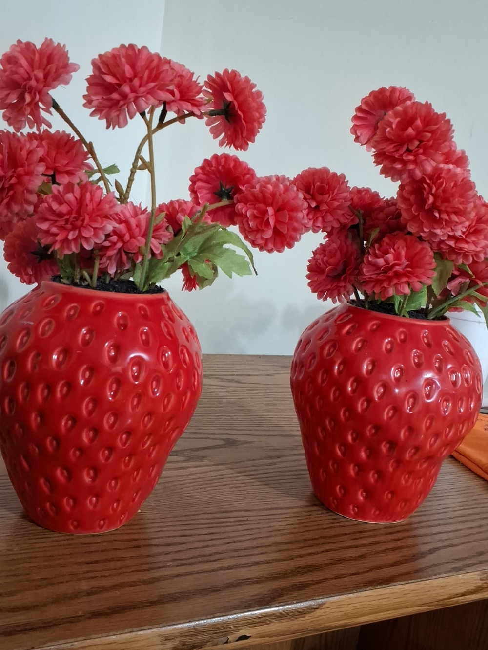 2 Red Strawberry Ceramic Vase with Faux Flower Arrangement
